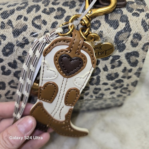 Betsey Johnson Leopard Print Crossbody Bag with Cowboy Boot Charm and Gold Heart - Picture 8 of 11